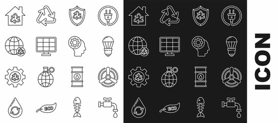 Sticker - Set line Water tap, Wind turbine, LED light bulb, Recycle symbol inside shield, Solar energy panel, Planet earth and recycling, Eco House with and Human head gear icon. Vector