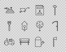 Set Line Tractor, Wooden Axe, A Pack Full Of Seeds Of Specific Plant, Bench, Garden Hose Fire Hose, Retro Wall Watch, Watering Can And Scythe Icon. Vector