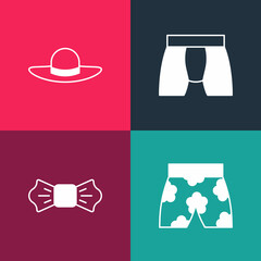 Sticker - Set pop art Swimming trunks, Bow tie, Men underpants and Elegant women hat icon. Vector