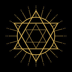 Sticker - Golden magic circle with star of david and ray light flat vector icon design.