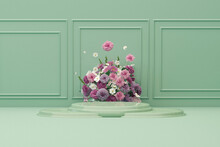 3D Podium Display, Pastel Green Background With Hydrangeas Flower And Classic Frame. Peonies Flower And Nature Leaf. Minimal Pedestal For Beauty, Product. Feminine Copy Space Template 3d Render	
