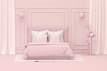 Interior Of The Classic Room In Plain Monochrome Pink Color With Bed And Room Accessories. Light Background With Copy Space. 3D Rendering For Web Page, Presentation Or Picture Frame Backgrounds.	
