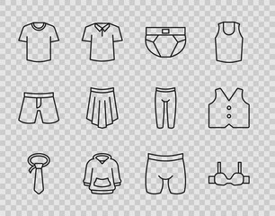 Canvas Print - Set line Tie, Bra, Men underpants, Hoodie, T-shirt, Skirt, Cycling shorts and Waistcoat icon. Vector