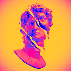 Abstract illustration from 3D rendering of a white marble bust of male classical sculpture broken shattered in three large pieces and tiny fragments isolated on background in vaporwave stye colors.