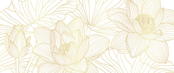 Wall Mural - Golden Lotus line art vector in white background. Luxury watercolor wallpaper with lotus flower, leaves and blooms in hand drawn. Elegant design for banner, invitation, packaging, wall art.