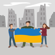 Ukrainian People With A Flag In A Ruined City