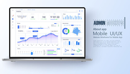 Laptop showing charts and graph, analysis business accounting, statistics concept. Digital marketing, business analysis. Data growth diagram clean and simple interface. Modern Admin website . Vector