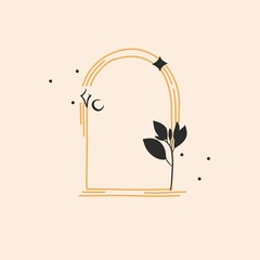 Hand drawn vector abstract stock flat graphic illustration with logo element,bohemian astrology magic minimalistic emblem of line arch portal with stars and leaves,simple style for branding.