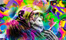 Grunge Background With Graffiti And Painted Monkey With Cannabis Cigarette