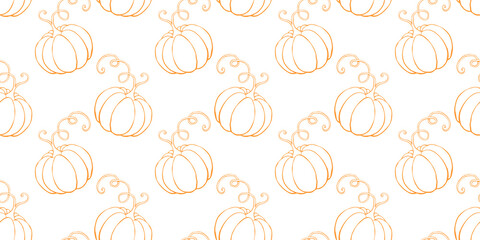 Wall Mural - Vector seamless pattern with outline pumpkins in doodle style. Halloween or thanksgiving background and texture