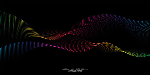 Flowing dots particles wave pattern colorful spectrum light isolated on black background. Vector in concept of AI technology, science, music.