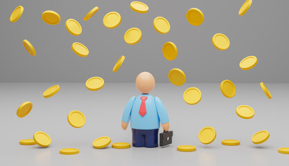 Wall Mural - Money rain. Businessman stand under the rain of falling gold coins. 3d render