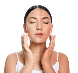 Wall Mural - Portrait of pretty young Asian woman before and after tanning on white background