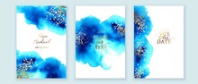 Set Of Vertical Backgrounds. Blue, Turquoise Watercolor Fluid Painting Vector Design. Dusty Pastel, Neutral And Golden Marble. Dye Elegant Soft Splash Style. Alcohol Ink Imitation.