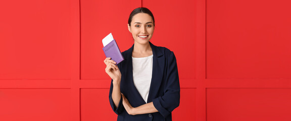 Sticker - Young woman  with documents on red background