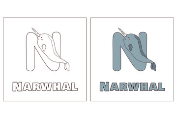 Wall Mural - A for narwhal Hand Drawn Coloring Page
