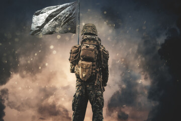 Military soldier with a White Flag (Peace Flag) in his hand between smoke and dust at battlefield.