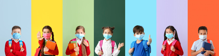 Wall Mural - Many schoolchildren wearing medical masks on colorful background