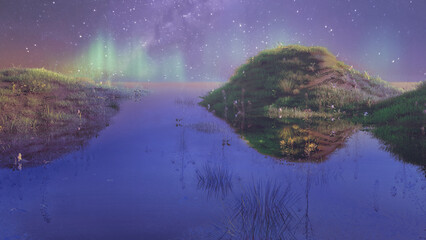 Wall Mural - landscape with northern lights and green hills of flood meadows. 3d render