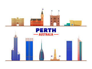 Wall Mural - Perth Australia most famous landmarks on white background. Vector Illustration. Business travel and tourism concept with modern buildings. Image for banner or web site