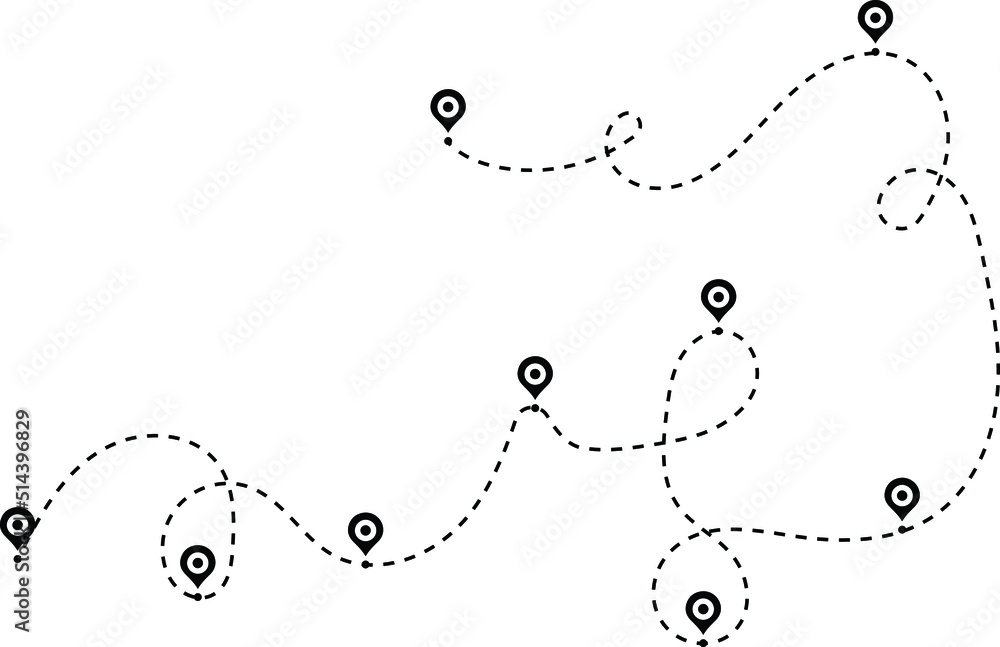 pin map marker pointer sign. Airplane line path travel icon. Aircraft ...