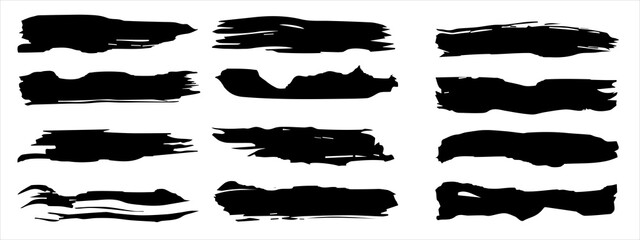 Wall Mural - Vector collection of artistic grungy black paint hand made creative brush stroke set isolated on banner background. A group of abstract grunge sketches for design education or graphic art decoration