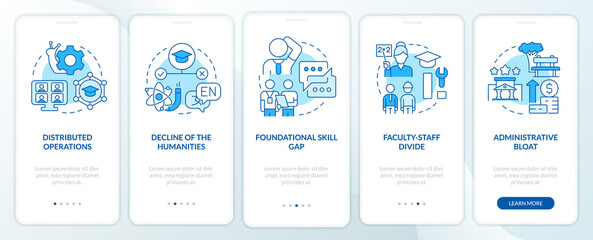 Problems in higher education blue onboarding mobile app screen. Walkthrough 5 steps editable graphic instructions with linear concepts. UI, UX, GUI template. Myriad Pro-Bold, Regular fonts used