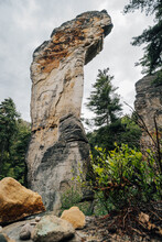 Famous Rock Tower Named Kobyla In Prihrazy Sandstone Area, Bohemian Paradise, Czech Republic. High Sandstone Rock Towers In Czechia.