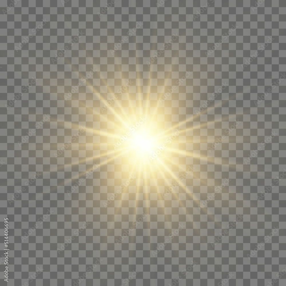 Yellow sun with rays and glow on transparent like background Stock ...