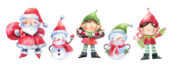 Christmas, New Year hand drawn watercolor characters isolated on white background. Santa claus, snowmen, girl and boy elves. Cute fairy tale characters for New Year and Christmas design.