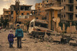 © Meysam Azarneshin - Two homeless little girl walking in destroyed city, soldiers and helicopters and tanks are still attacking the city