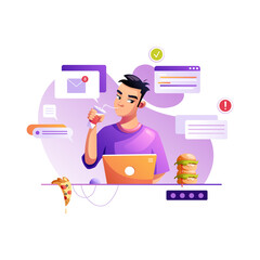Wall Mural - programmer eats fast food at the workplace. development of programming and coding technologies. a sc