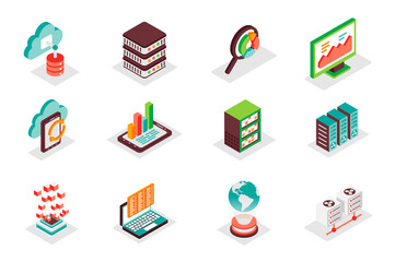 Wall Mural - big data concept 3d isometric icons set. pack isometry elements of cloud computing, storage, server,