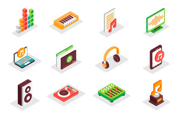 Poster - Music concept 3d isometric icons set. Pack isometry elements of equalizer, piano, song, volume, audio, video, headphones, musical speaker, mixer and other. Illustration for modern web design