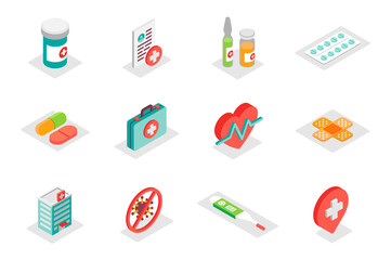 Wall Mural - Medical concept 3d isometric icons set. Pack isometry elements of treatment, appointment, pills, first aid kit, heart, patch, clinic, virus, cross and other. Illustration for modern web design