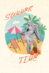 Wall Mural - Collage photo of white black girl have fun dancing on tropical exotic island drinking juice cocktails isolated on beach painting background