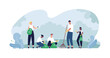 Ecology volunteering concept. Vector flat person illustration. Diverse group of man, woman and children volunteer collect plastic trash on nature park or garden background. Design for ecology activism