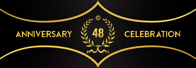 48 years anniversary celebration with gold laurel wreath and star on luxury black background. Premium design for banner, poster, weddings, happy birthday, greetings card, graduation, invitation card.