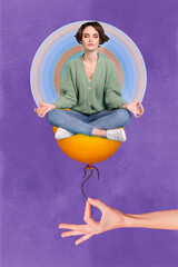 Sticker - Vertical collage portrait of peaceful person sit huge arm hold balloon meditate isolated on drawing background