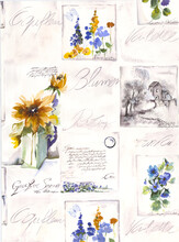 Watercolor Seamless Composition Of Flowers, Landscape And Words. Flowers Drawing. Letter With Drawings In A Watercolor Style. Wedding Stationary, Greetings, Wallpapers, Fashion, Background.