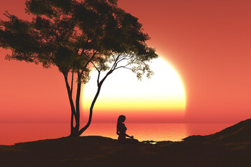 Wall Mural - 3D sunset landscape with female in yoga pose under a tree