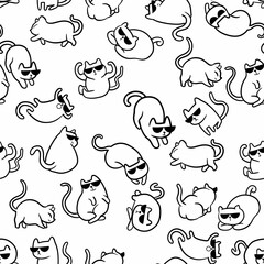 Wall Mural - Seamless pattern with cute cat are hand drawn with contour lines.