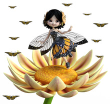 Illustration Of A Cute Cartoon Fairy Dressed In A  Standing On A Bright Yellow Daisy Surrounded By Butterflies