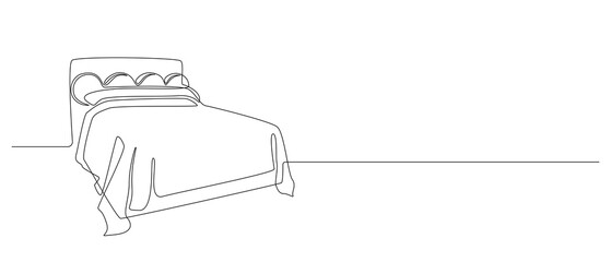 Aufkleber - Continuous one line drawing of double bed in bedroom. Modern cozy scandinavian inerior in simple linear style. Editable stroke. Doodle vector illustration