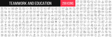 Teamwork And Education Linear Icons Collection. Big Set Of 299 Thin Line Icons In Black. Vector Illustration