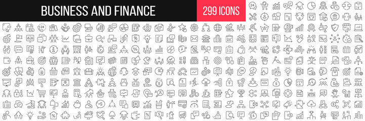 Leinwandbilder - Business and finance linear icons collection. Big set of 299 thin line icons in black. Vector illustration