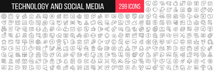 Poster - Technology and social media linear icons collection. Big set of 299 thin line icons in black. Vector illustration