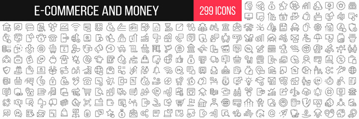 Aufkleber - E-commerce and money linear icons collection. Big set of 299 thin line icons in black. Vector illustration