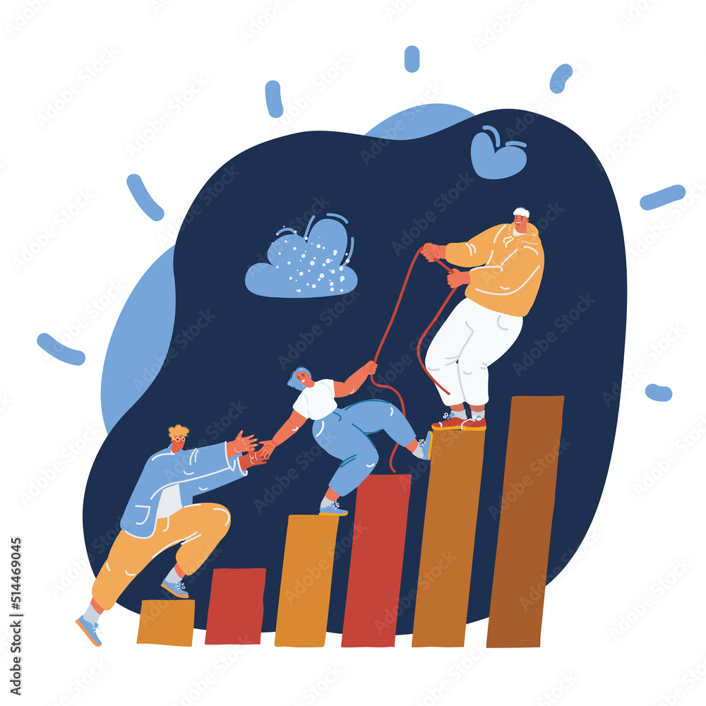 Cartoon vector illustration of People help each other go up. Teamwork  concept. Career planning. Motivation. Goal achievment. Way up. Business  strategy. Stock Vector | Adobe Stock, image size:1000x1000