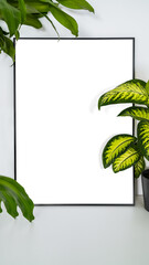 White poster on table with black frame and plant mockup for you design.